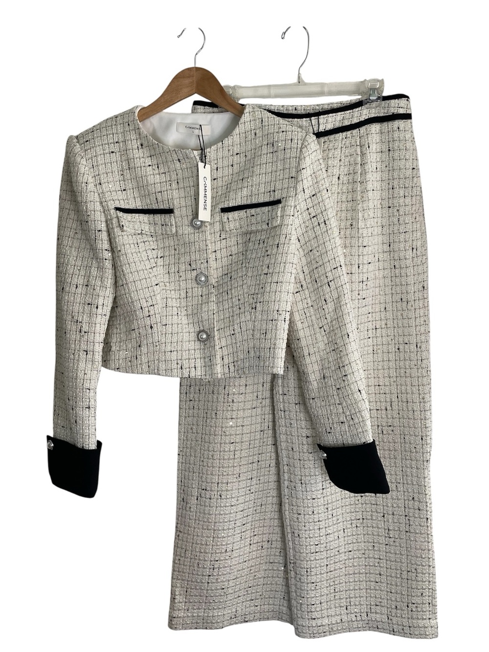 Commense Ivory Black Tweed Two-Piece Pants Suit Set Size Large new boucle